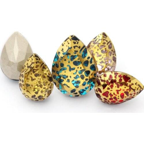 XIAOPU Gold Patina Series Sparkling Tear Drop K9 Loose Rhinestones Piontback Strass Crystal Glue on Clothing Crafts Stage Wear