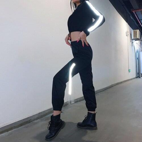 Black Streetwear Pantalon Side Reflective Streamer Women High Waist Sweatpants And Joggers Fashion Hippie Harem Pants Overalls