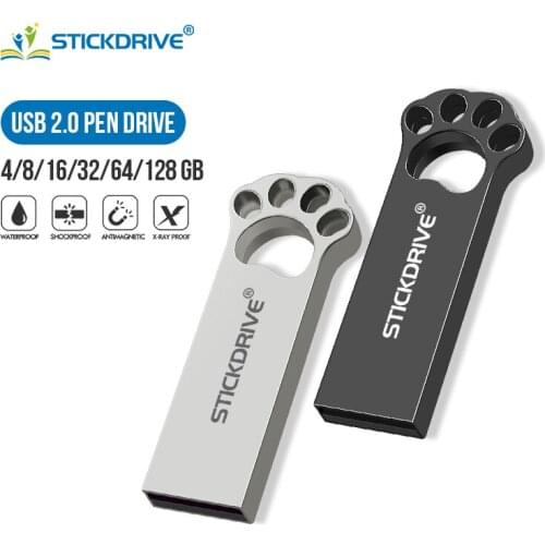 Pen Drive Metal Stick 128GB U Disk USB2.0 High Speed Usb Flash Drive 16GB 32GB 64GB Flash Memory Card Pendrive Cat paw cartoon