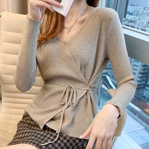 Women Knitted Cardigans Sweater Office Spring Autumn Long Sleeve Sashes Casual Single-breasted V Neck Solid Female Tops 2021