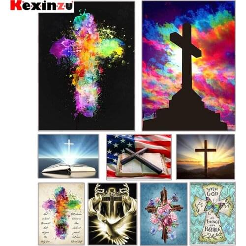 Kexinzu 5D Diy Diamond Painting Religious Cross Landscape Embroidery Jesus Christian Religiou Icons Diamond Mosaic Cross Stitch