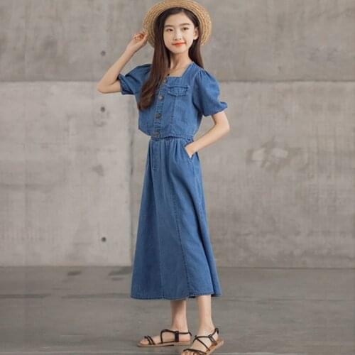 100% Cotton Summer Kids Denim Skirt Set Teens Girls Clothing Set 2021 2pcs Suits Children Clothes Casual Jeans Tops + Skirts