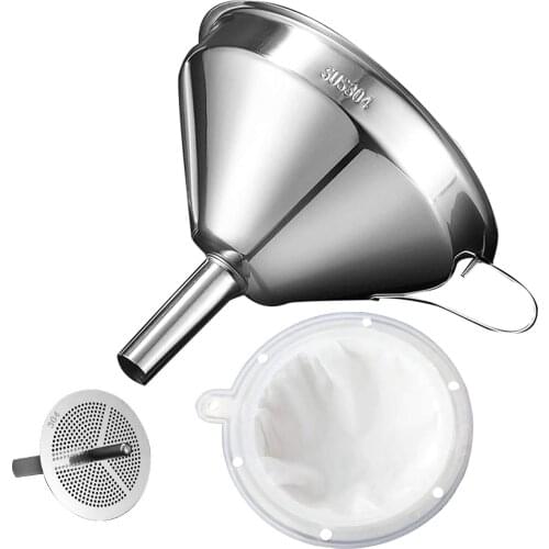 Kitchen funnel for filling bottles, cooking oil funnel with filter and 200 mesh filters, tea oil juice food filter