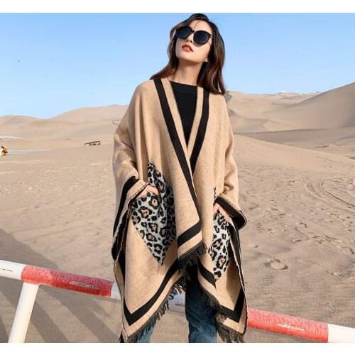 Fashion Women Leopard Print Cashmere Scarf With Pocket Winter Poncho Shawl Travel Blanket Scarves Pashmina Echarpe Mujer Bufanda