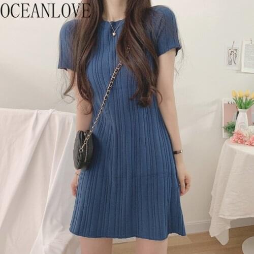 OCEANLOVE 2021 Summer Dress Solid Knitted Short Sleeve Korean Elegant Mini Dresses Chic Robes A-line Vestidos Sweet 19612