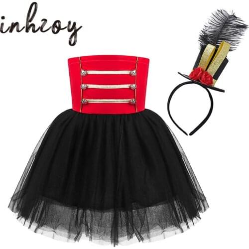 Kids Girls Halloween Christmas Cosplay Majorette Performance Nutcracker Ringmaster Circus Costume Mesh Tutu Dress with Hair Hoop