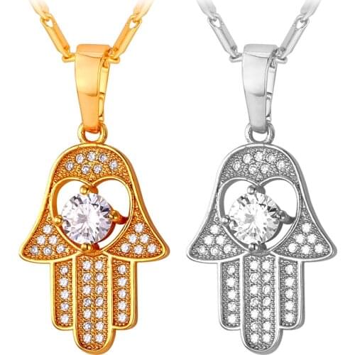Collare Heart Hamsa Hand Of Fatima Pendant Gold/Silver Color Rhinestone Palm Necklace Women Hamesh Hand Lucky Jewelry P970