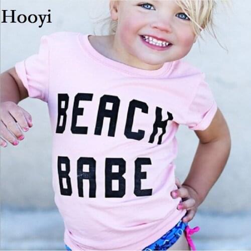 Hooyi Beach Babe Baby Girls T-Shirts Sleeved Kids Tee Shirts For Boys Tops Children Clothes 100% Cotton Pink White Cool Thin