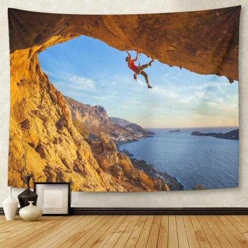 Climb Male Climber on Overhanging Rock Against Beautiful View of Coast Below Mountain Sport Tapestry Wall Hanging