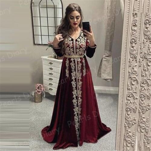Vestido De Festa Muslim V Neck Evening Dresses Moroccan Kaftans Party Gowns 2021 Lace Appliques Long Sleeve Prom Dress For Women