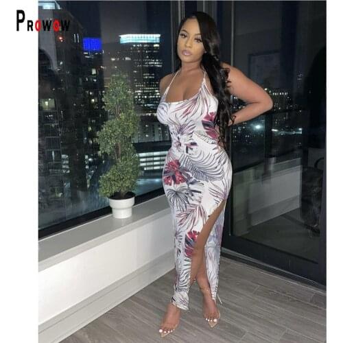 Prowow Elegnt Women Dress Summer Sleeveless Maxi Camisole Dresses for Lady 2021 New Leaves Print Side Split Female Clothing