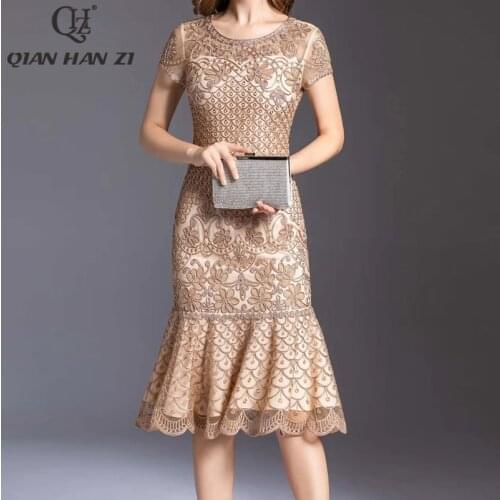 Qian Han Zi plus size summer fashion runway dress Women embroidered applique slim bodycon dress Ruffle party mermaid dress