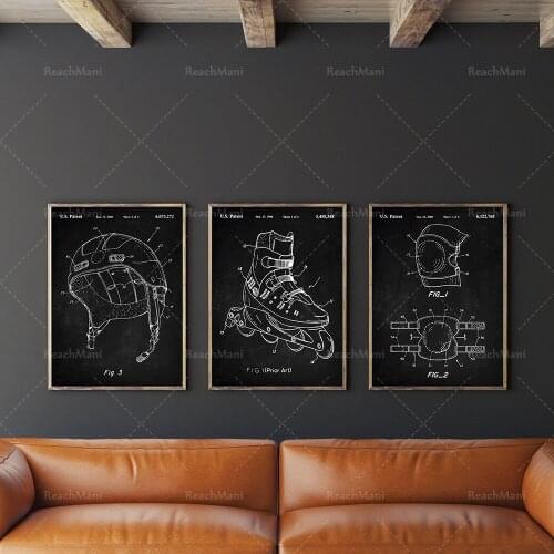 Inline Roller Skates Patent Print Set of 3, Helmet Patent, Knee&Elbow Pad Poster, Skaters Gift, Kids Room Decor