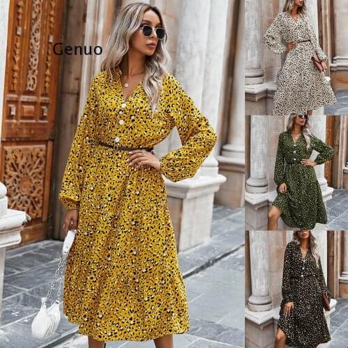 Leopard Summer Dress Women 2021 Long Sleeve V Neck Dresses Women Beach Autumn Ruffles Vintage Robe