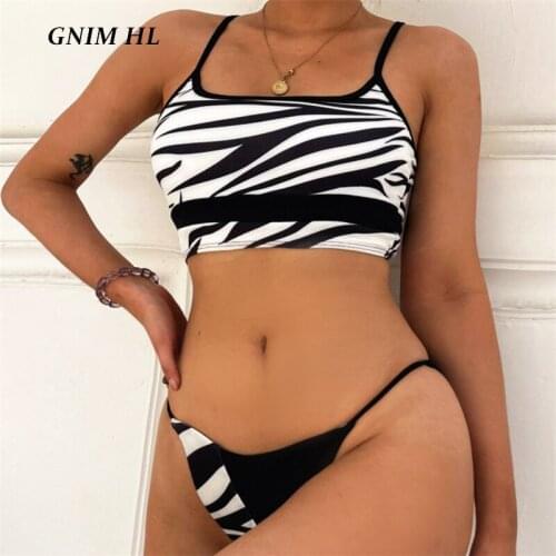 GNIM Sexy Bandeau Swimwear Women Push Up Bikini 2021 Stripe Patchwork Womens Swimming Suit 2 Pieces High Cut Swimsuit Biquini