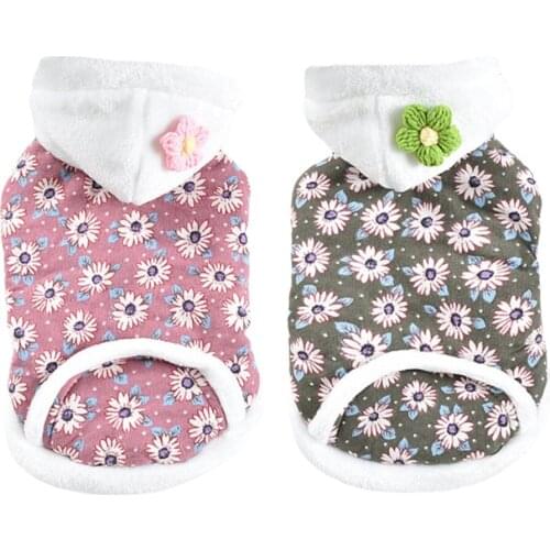 Warm Dog Jacket Fleece Lined Dog Clothes For Puppy Winter Cold Weather Cute Daisy Floral Hoodies Corduroy Coat Hooded Jacket