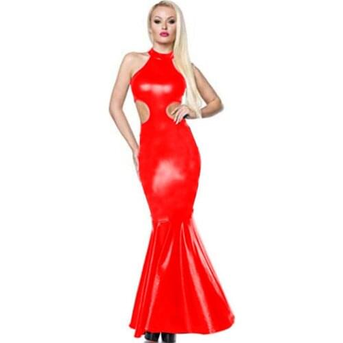 Party Mermaid Dress PVC Maxi Dress Sleeveless High Neck Vinyl Long Dress Sexy Hollow Out Bodycon Evening Plus Size Bodycon Dress