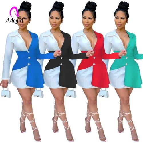Color Stitching Women Blazer Dresses Office Lady Wear 2021 Summer Button Up Sheer Mini Dresses Sexy Evening Club Party Vestidos