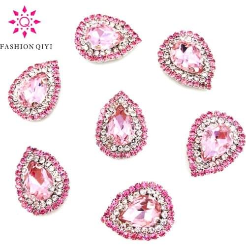 10X14mm Pink DR shape sew on rhinestones Color chain+Color rhinestones faltback Glass Crystal Buckle DIY clothing accessories