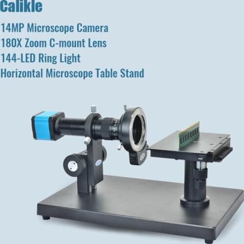14MP HDMI HD USB Digital Industry Video Microscope Camera + Horizontal Microscope Table Stand + 180X C-MOUNT Lens+144 LED Light