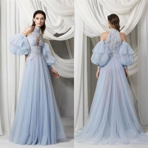 2021 New Prom Dresses High Collar Long Sleeves Lace Applique Evening Gowns Custom Made Sweep Train A Line Special Occasion Dress