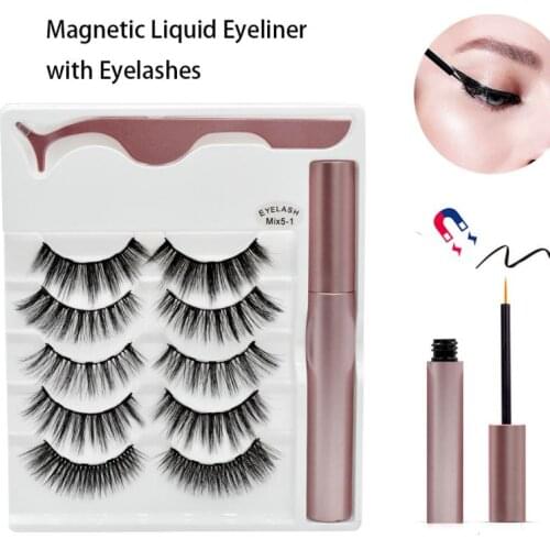 5 Pairs False Eyelashes Set With Round Tube Magnetic Liquid Eyeliner Easy To Wear Lashes Mixed Kit Lasting Quick-drying TSML1