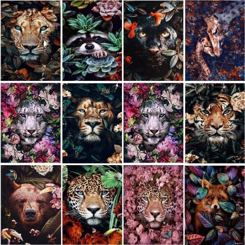 5D DIY Diamond Painting Tiger Lion Face& Flowers Cross Stitch Kit Full Drill Embroidery Mosaic Art Picture of Rhinestones Decor