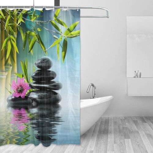 Bamboo Stone and Red Flower Blend Together The Harmonious Scenery Zen Spa 3d Design Fabric Shower Curtain for Bathroom Decor