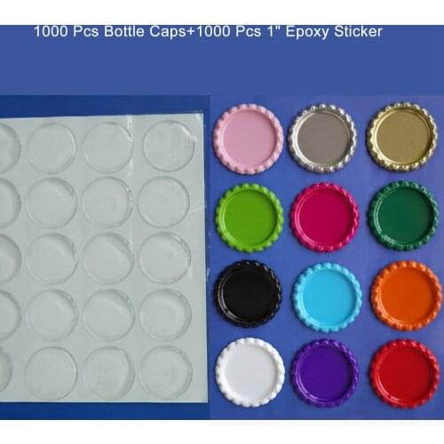 Free Shipping 1000 pcs Both Side Colored Flattened Bottle caps Crown Bottlecap &1000 pcs Clear Epoxy Bottle Cap Seal Stickers