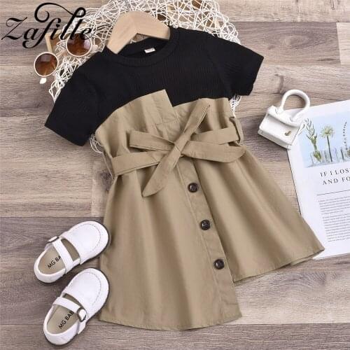 ZAFILLE 2021 Summer Girl Dresses Patchwork Irregular Children Dress 100% Cotton Belted Kids Dresses For Girls Toddler Clothes