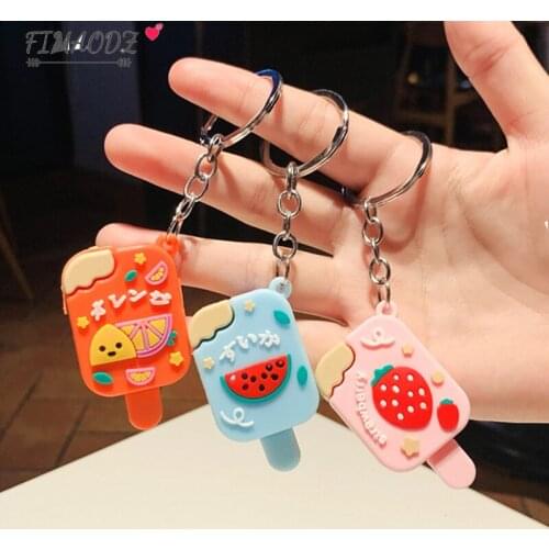 FIMAODZ Cartoon Ice Cream Keychain Watermelon Strawberry Fruit Popsicle Summer Theme PVC Keyring for Kids Party Accessories Gift