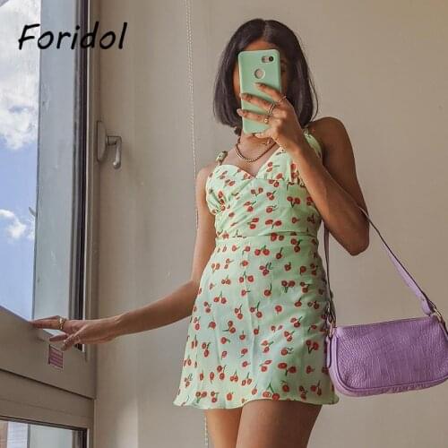 Foridol Cherry Print Satin Summer Dress Women Lace Up Strap Short Beach Holiday Dress V Neck French Green Backless Mini Dress
