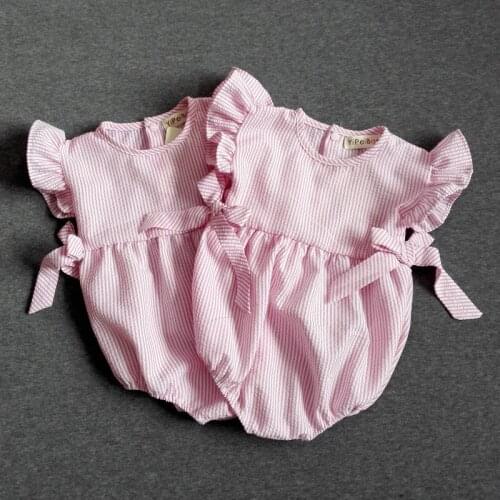 Fashion Toddler Girls Bodysuit Baby Summer One-piece Pink Ruffles Striped Infant Girl Clothing Bowknot Roupas Bebes 70-80cm