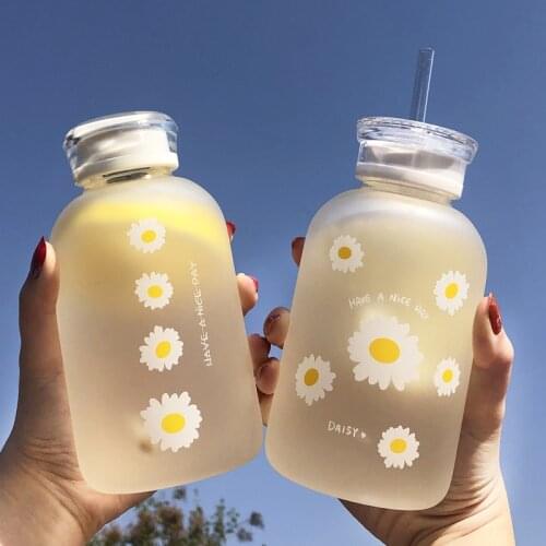 Milk Juice Cute Water Bottle with Scale 2 Lids 480ml Little daisy Matte Portable Water Cup Grass Bottles Creative Handy Cup