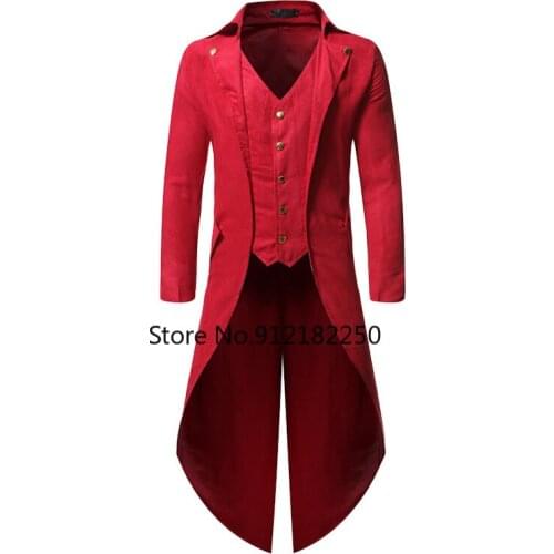 Mens Red Gothic Tailcoat Jacket Steampunk Medieval Coat Cosplay Jacket Men Pirate Viking Renaissance Formal Tuxedo Coats Male
