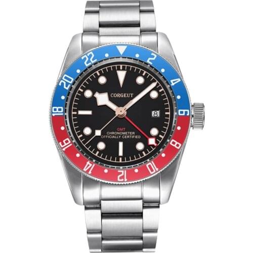 Corgeut Mens GMT Wristwatches 41MM 316L Steel Bands Mechanical Sapphire Luminous Military Date Swim Waterproof DG3804 Automatic