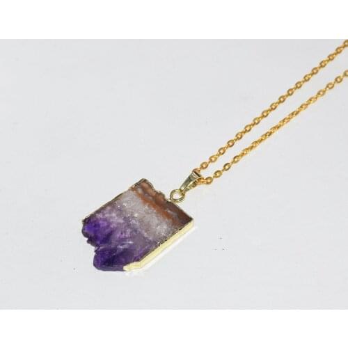 Natural Slice Purple Crystal Quartz Chain Necklace Female 2019 Gold Bezel Long Rectangle Stone druzy pendant necklace for women
