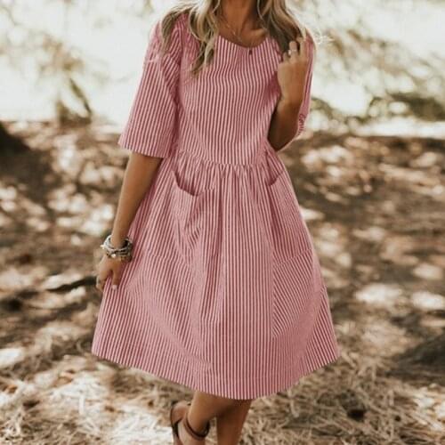 Half Sleeve Shirt Dress Summer Female Boho Beach Dresses Women Casual Striped Print A Line Pocket Girls Midi Dress Vestidos