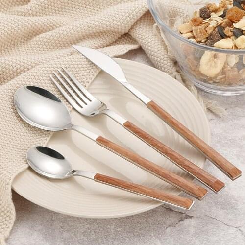 4pcs Cutlery Set Stainless Steel Spoon Teaspoon Knife Fork Wooden Handle Dinnerware Silverware Flatware Set Home Tableware Set