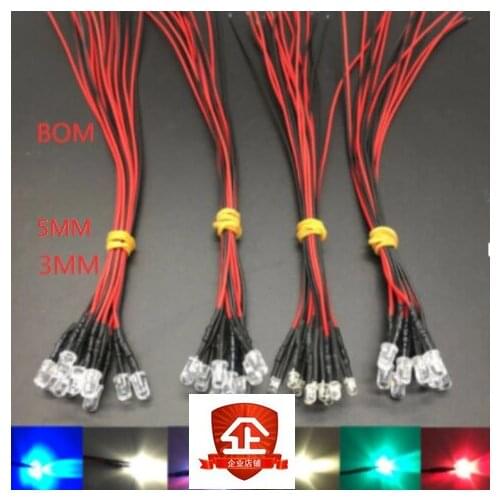 5pcs 3MM/5MM LED 20cm Diode Red Yellow Blue Green White Warm Pink Purple Orange RGB Slow Falsh Light Emitting Diodes With Cable