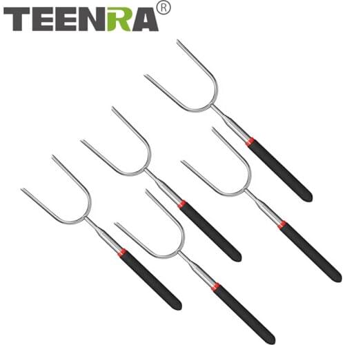 TEENRA 6Pcs Telescopic Barbecue Fork Stainless Steel Roasting Sticks Camping Hot Dog Forks Outdoor Camping Roasting Fork Tools