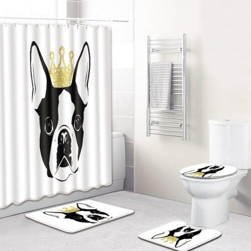 Cute Dogs Printed Pattern Waterproof Shower Curtain Pedestal Rug Toilet Lid Cover Bath Mat Set Bathroom Curtain Set Mat
