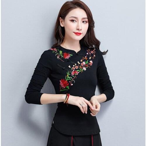 Chinese Style Clothing Women Black Embroidery Folklore Vintage Shirt Female Ethinc Blouse Spring Ladies Chinese Tops FF1756