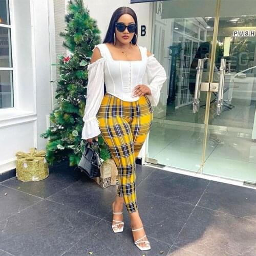 ZKYZWX Plaid Print Pencil Pants for Women Streetwear Summer Elastic Waist Bodycon Trousers Office Lady Casual Ankle Length Pants