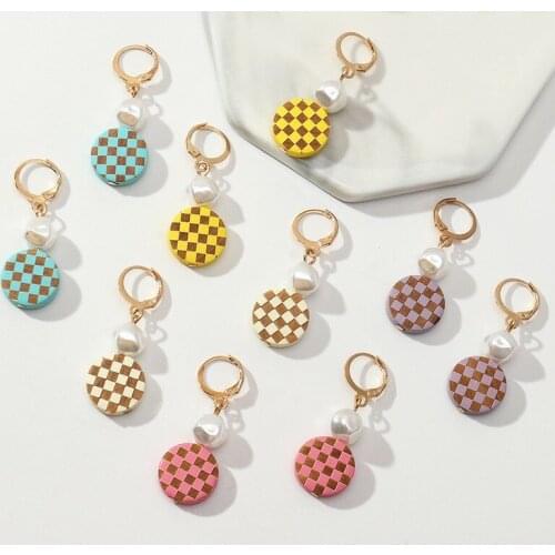 Retro Trend Geometric Round Checkered Earrings Temperament Pearl Earrings for Women Gifts 5 Colors Fashion Jewelry Wholesale