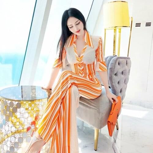 Lady Two Pieces Suits 2021 Summer Women Sexy Deep V-neck Half Sleeve Striped Shirt Blouse Tops+Long Flare Pants Trousers Sets