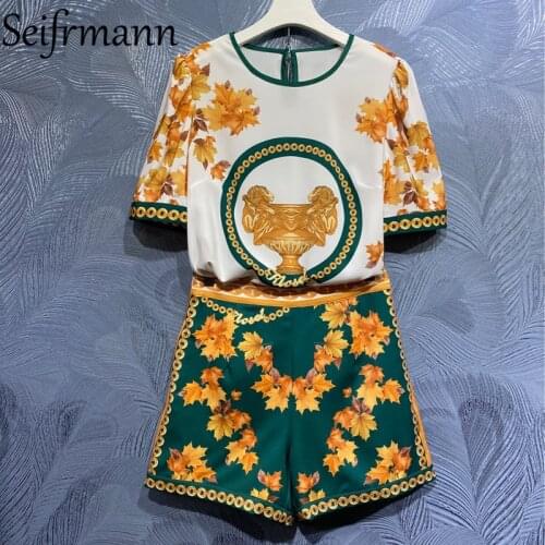 Seifrmann New 2021 Summer Women Fashion Runway Designer Shorts Set Short Sleeve Loose Tops+High Waist Vintage Print Shorts Suits