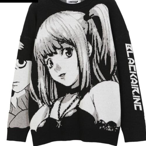 Harajuku Vintage Knitted Womens Sweater 2021 Black Hip Hop Anime Girl Oversized Round Neck Long Sleeve Pullover Sweater Autumn