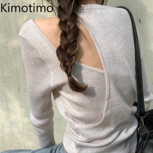 Kimotimo Sweater Tops 2021 Spring Pink Elegant Sim Hollow Out Sexy Korean Fashion Office Lady Casual Knitwear Women Clothing