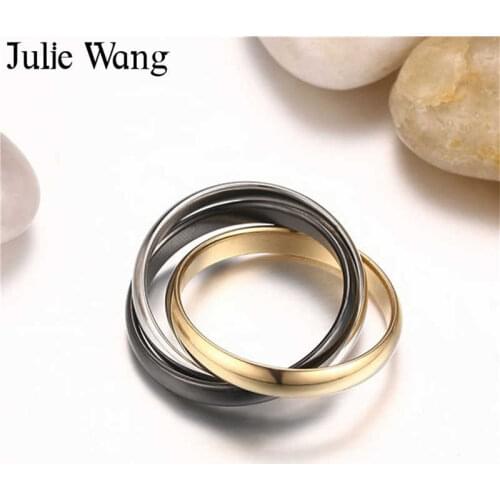 Julie Wang 3 Circles Ring Stainless Steel Women Men Finger Tricolor Ring Wedding Band Punk Fashion Female Male Jewelry